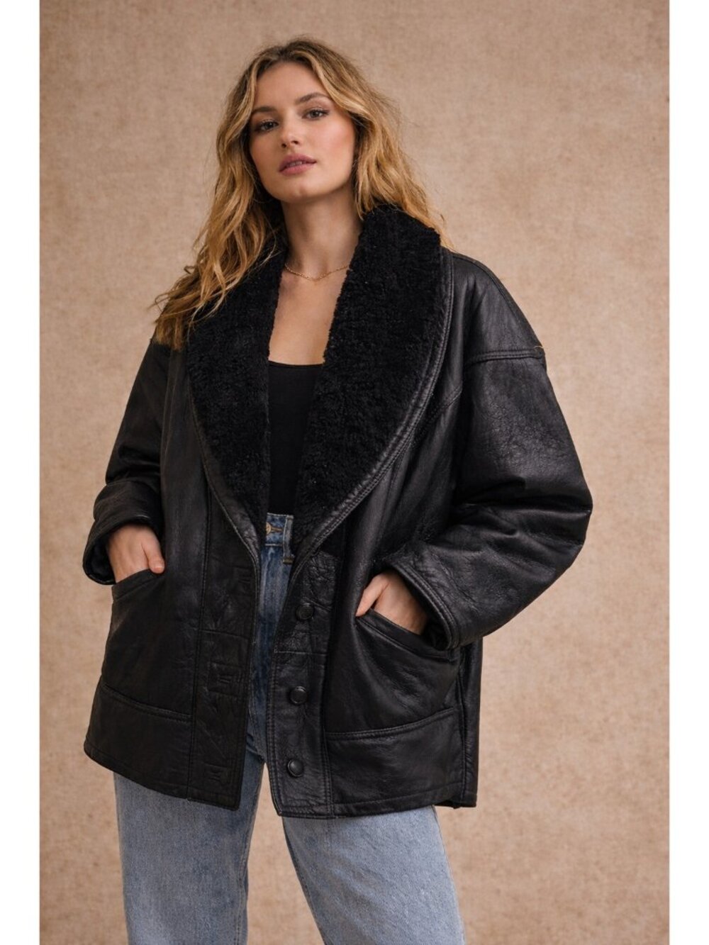 LNR Shearling Sheepskin Leather Coat Womens Black Fur Lined Jacket Winter Size M